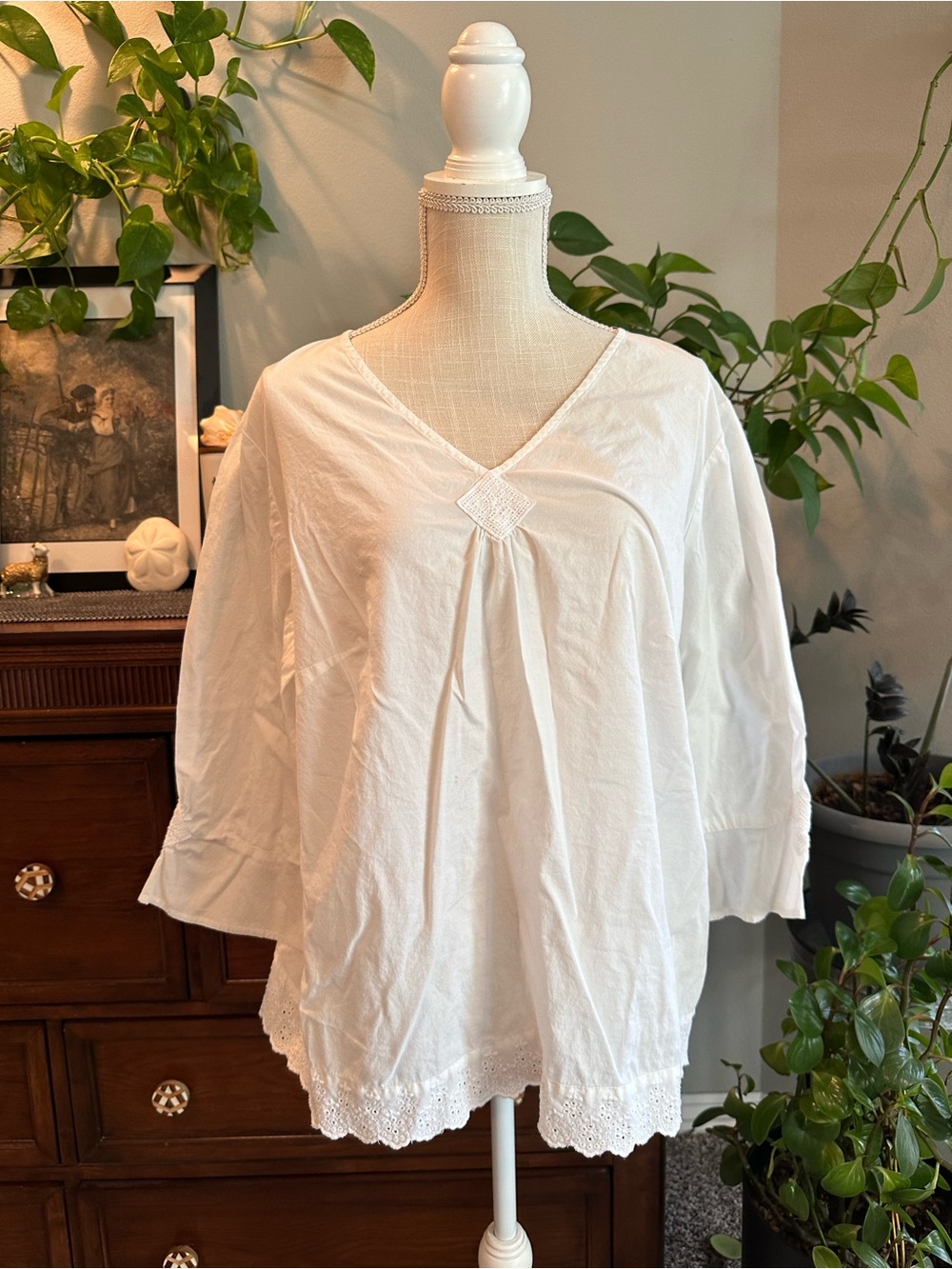 Talbots White V-Neck Eyelet Hem Blouse